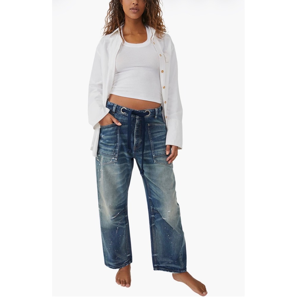 WE THE FREE Free People Moxie Low Slung Barrel Jeans Size 26 Paint Splatter
